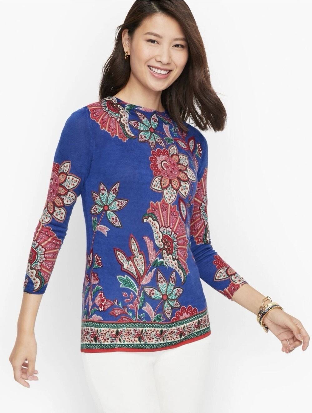 Talbots Audrey Sweater M 100% Pure Merino Wool Blue Pink Paisley 3/4 Sleeve